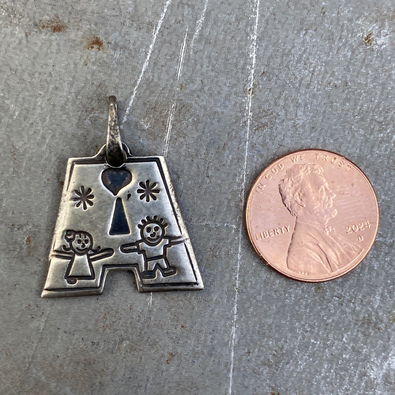 Sterling Silver Mexico Large “A” Initial With Children Figures Pendant Charm