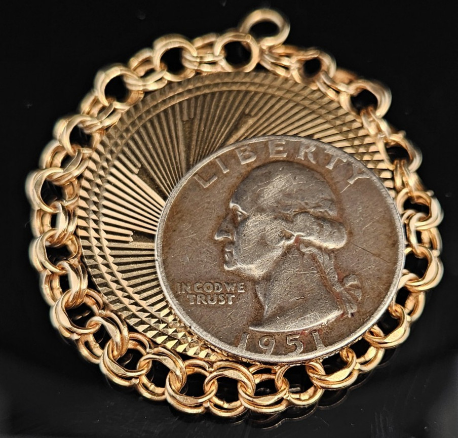 14K Gold TEACH ENGINE TURNED Charm Pendant Disc Teacher Vintage 9 GRAMS