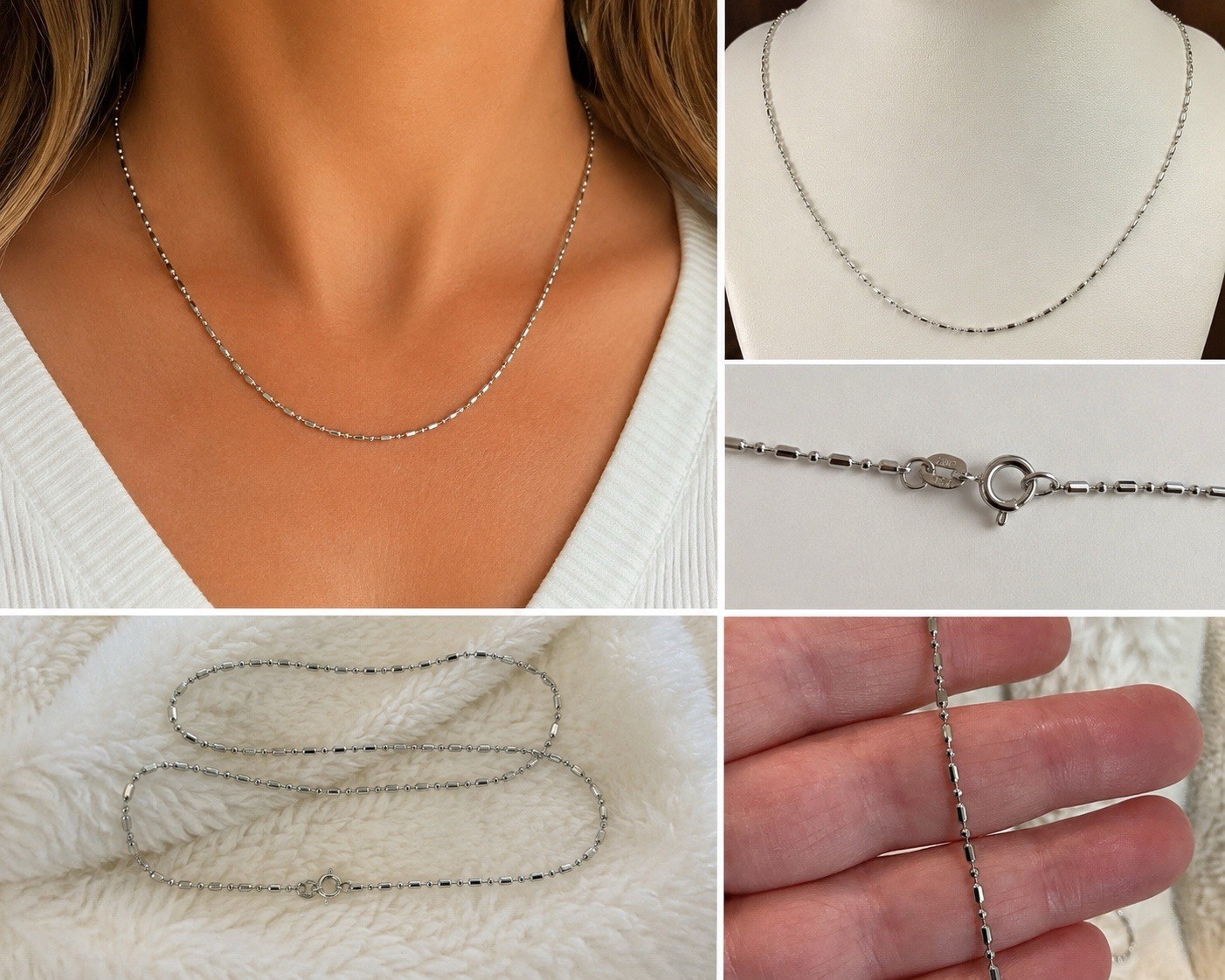 18K White Gold Platinum 750 Plated Silver Bead Bar Chain Necklace 1mm 18” Unisex
