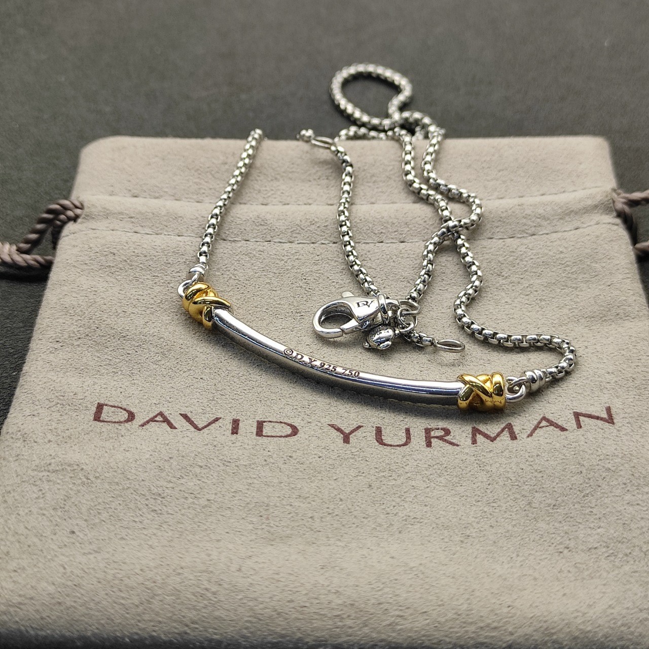 David Yurman 925 Silver 18K Gold Pavé Diamond Bar Adjustable Necklace 55cm