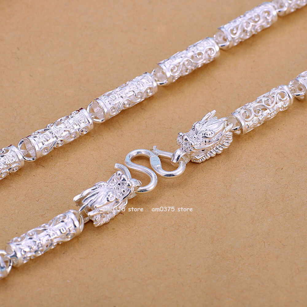 Pure 999 Fine Silver Chain Men Women 6mm Propitious Cloud Dragon Head Necklace