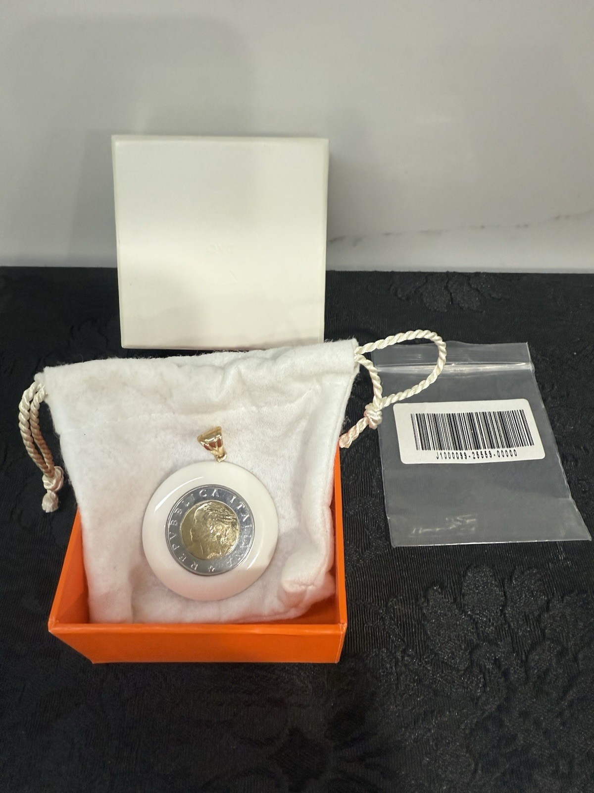 VTG Milor Italian 500 Lira Gold Coin Pendant w/ White Agate & 14K Gold Bail NEW