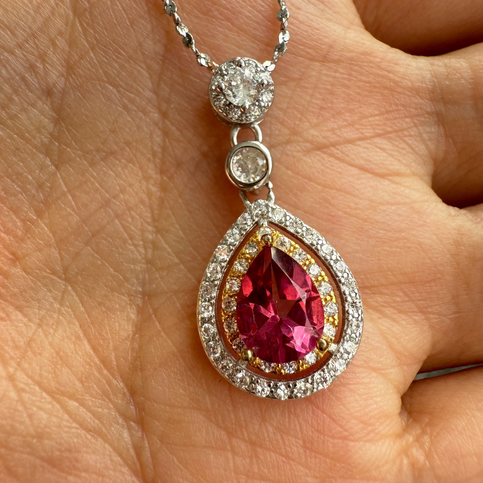 925 Sterling Silver Necklace 8x6mm Natural Pink Topaz Gemstone Zircon Teardrop