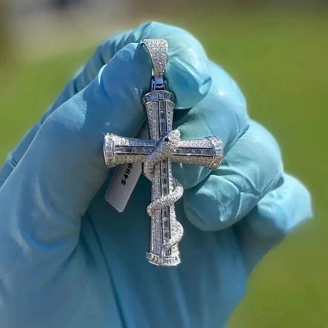 2.30Ct Baguette Lab-Created Diamond Cluster Cross Pendant 14K White Gold Plated
