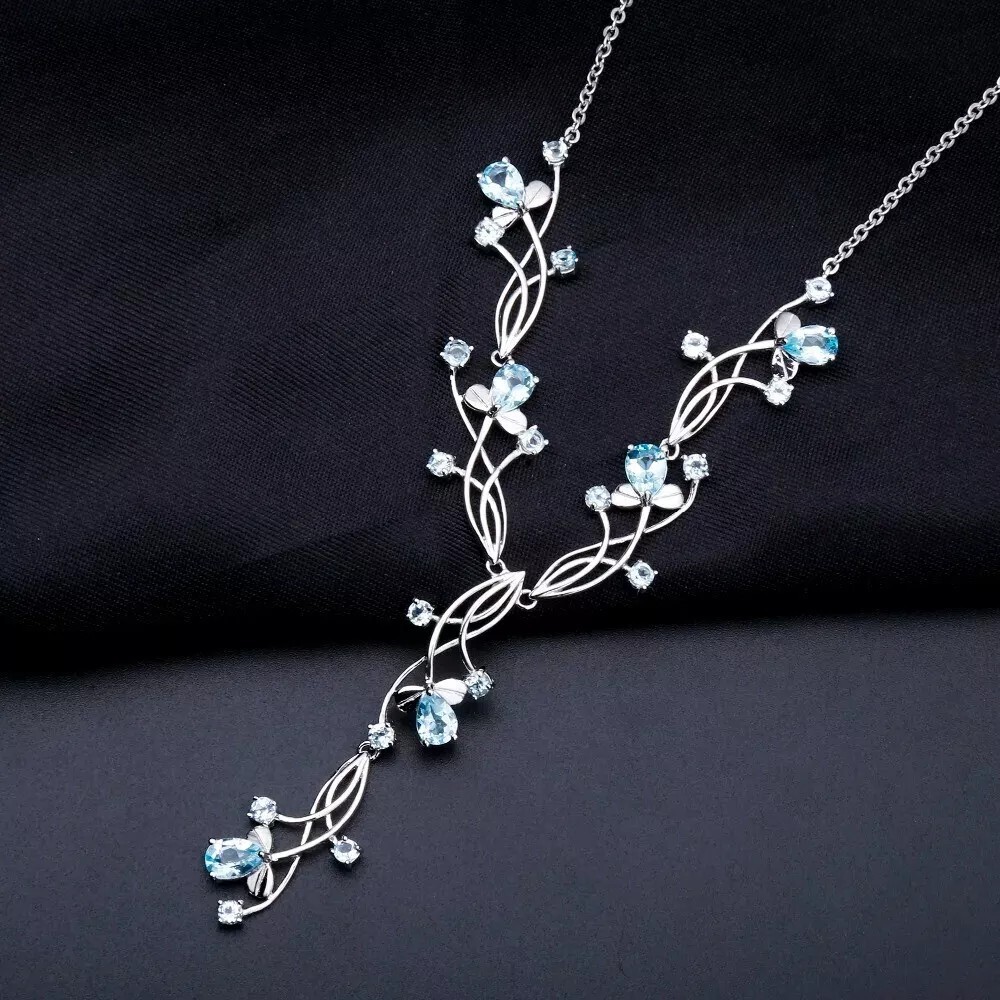 Natural 7.89Ct Sky Blue Topaz Gemstone 925 Sterling Silver Bridal Necklace