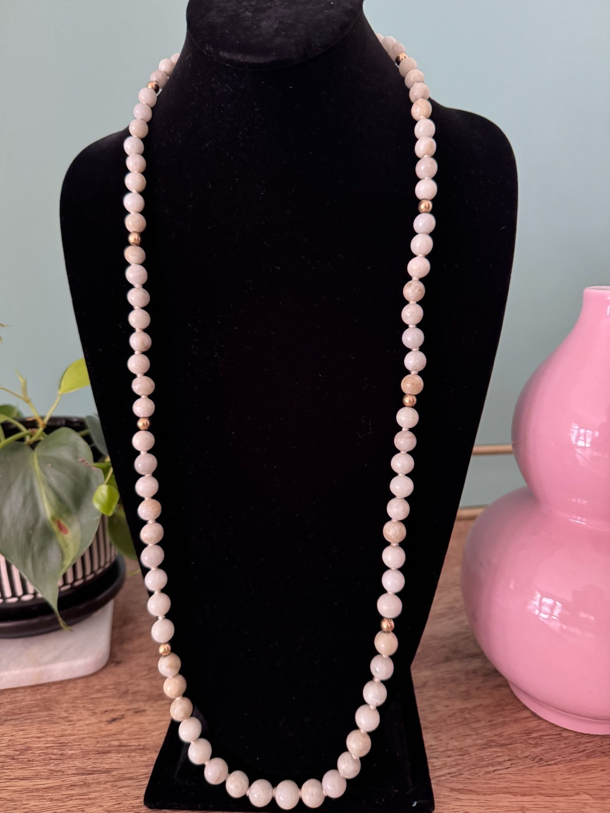 Vintage 33″ White Celadon Jade Bead Necklace 14K Gold Accents Hand Knotted 109g