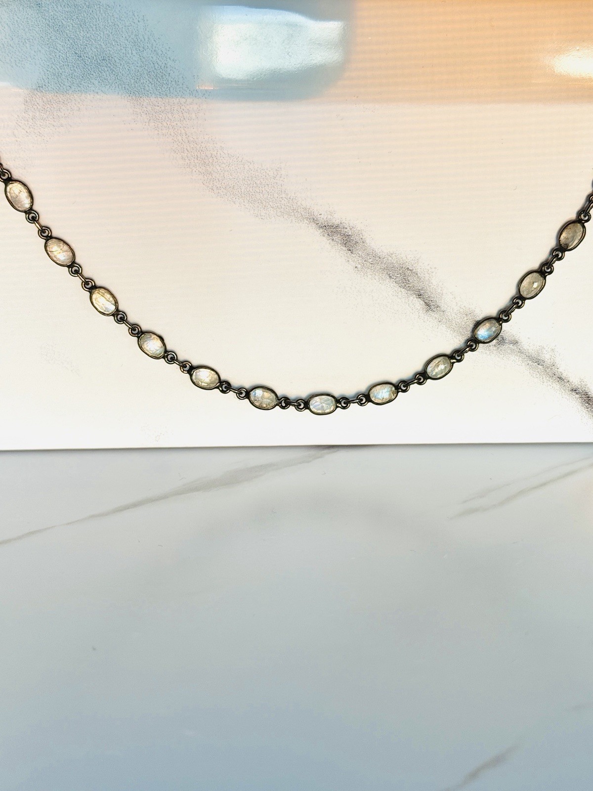 Sterling Silver Genuine Moonstone Gemstone Station Necklace Rhodium Plated Gift