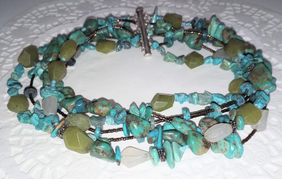 Vintage ? Native American ?Stone Bead Choker 6Row Necklace Turquoise Nuggets 925