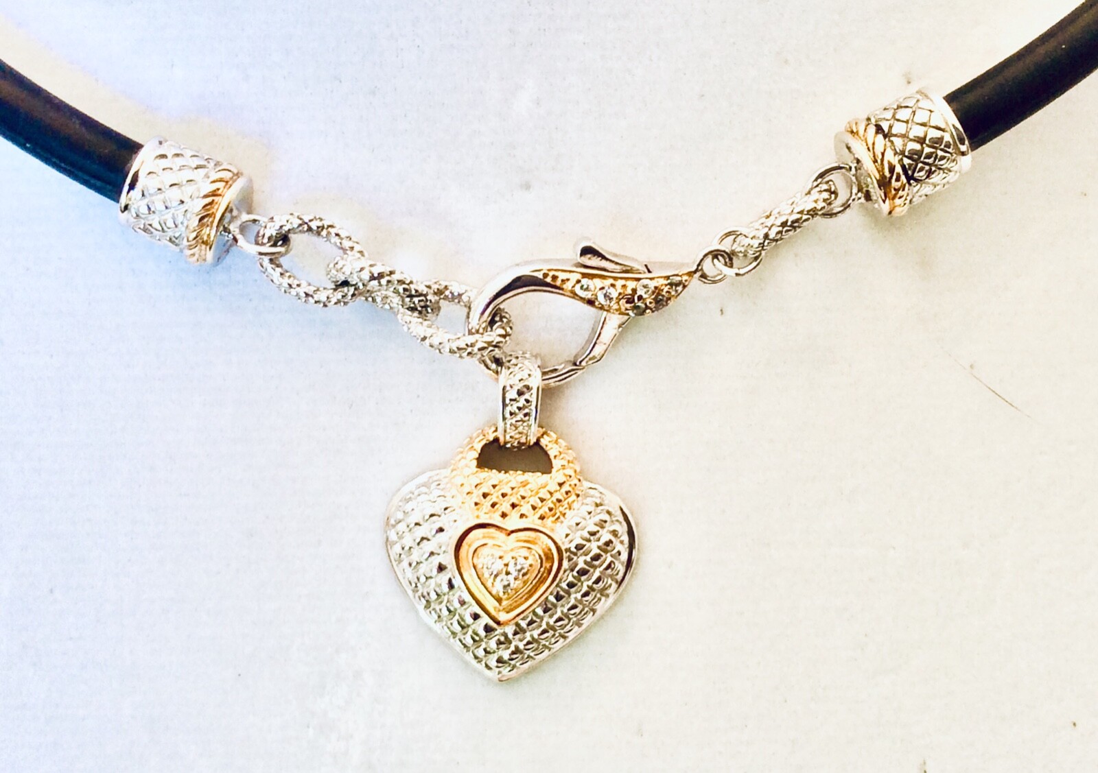 NWOT ~ FAS ~ 14K & STERLING SILVER ~ CZ Heart Pendant ~ 17” to 18” Cord Necklace