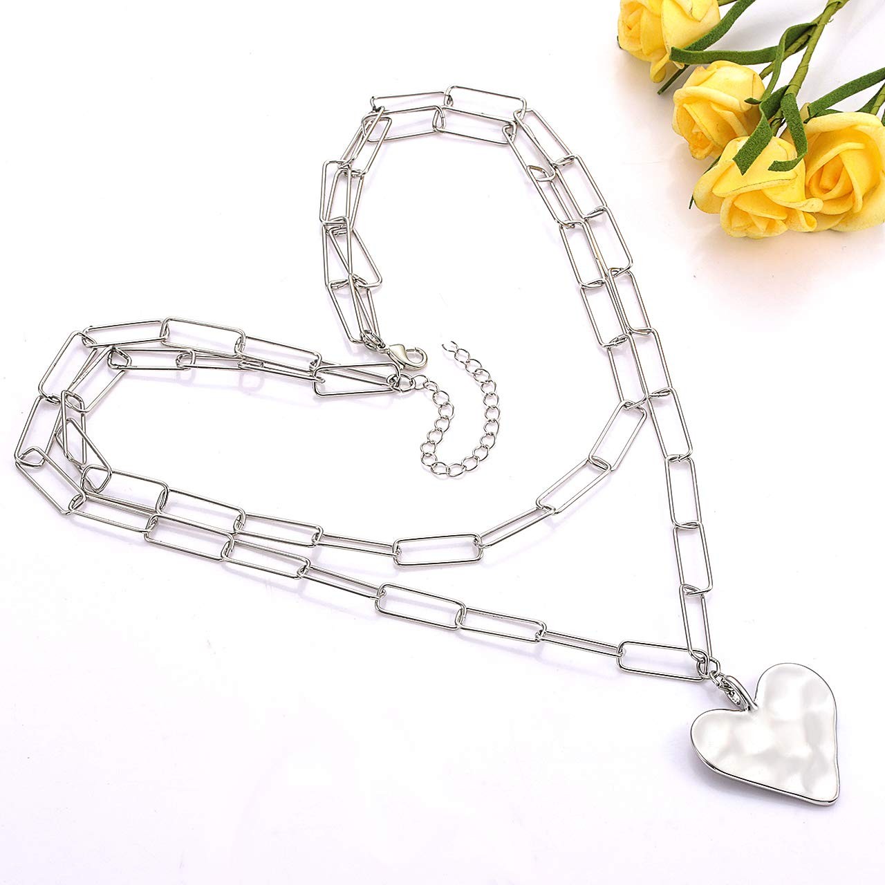 Layered Rectangle Paper Clip Chain Link Choker Statement Hammered Heart Pendant