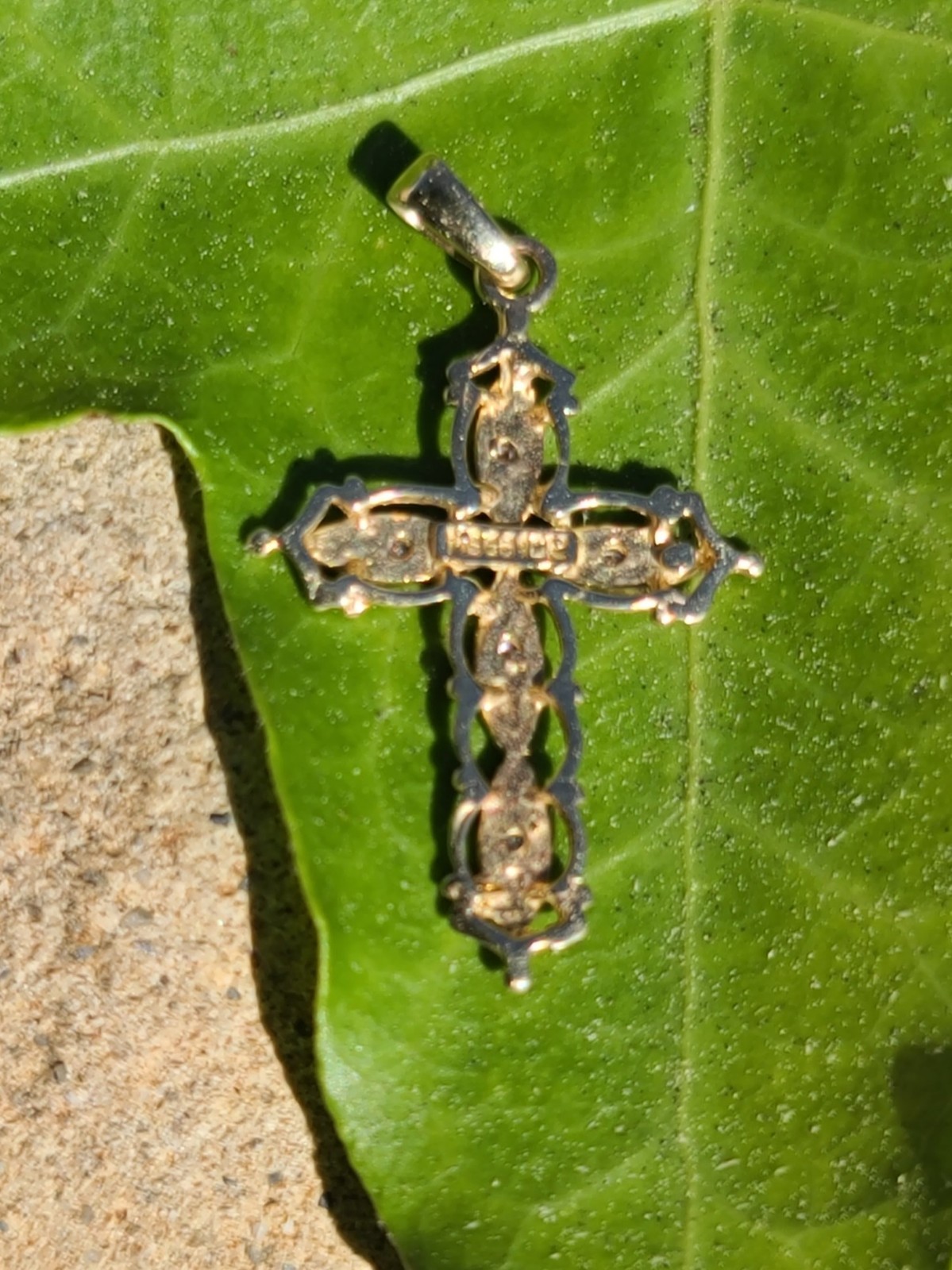 10k Solid Yellow & White Gold Diamond Cross Necklace Pendant 1.22″ Signed .99g