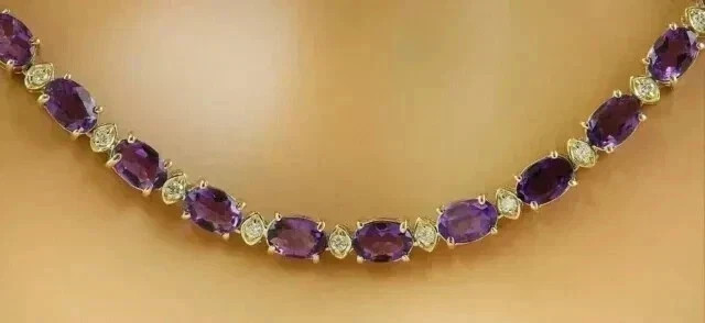 20TCW Oval Lab Created Amethyst & Diamond Tennis Necklace 14k Yellow Gold Over
