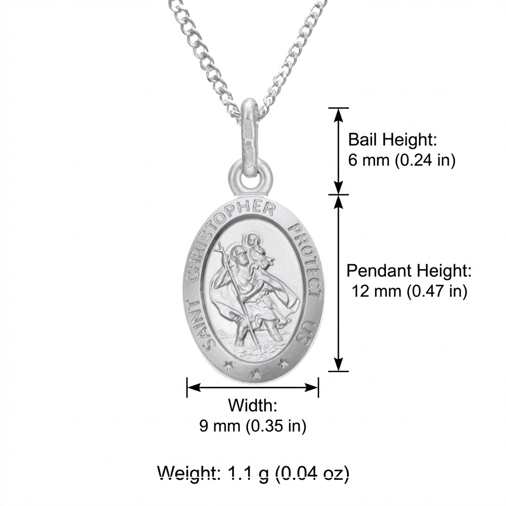 Small oval silver St Saint Christopher pendant necklace with 16″ chain and box