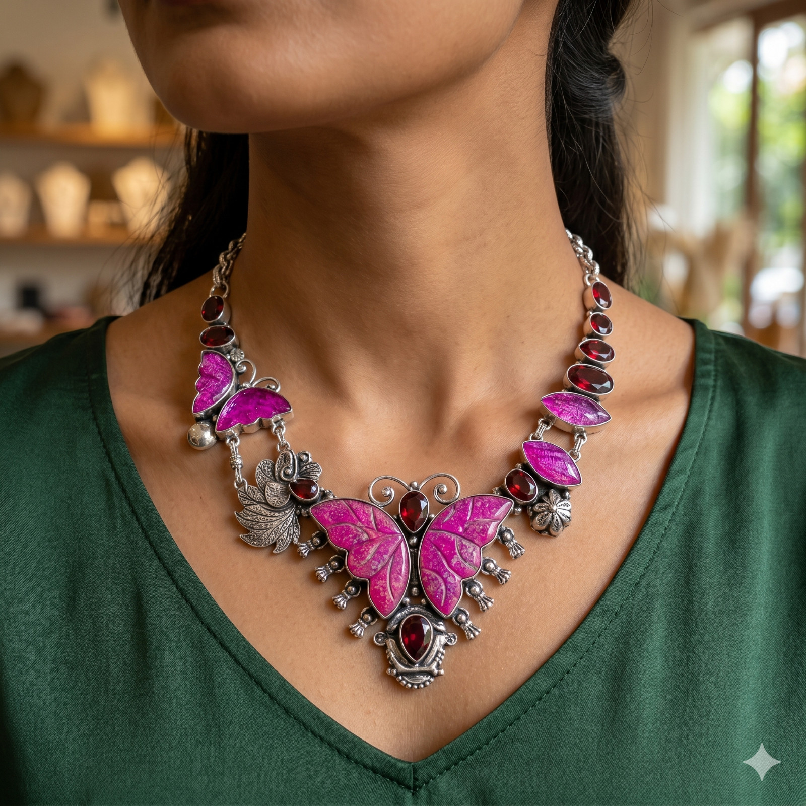 Natural TRIPLET OPAL Garnet Vitange Channel Set Anniversary Necklace 925 Silver
