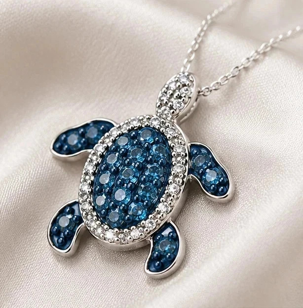 2.00Ct Round Cut Lab-Created Blue Diamond Turtle Pendant 14K White Gold Plated