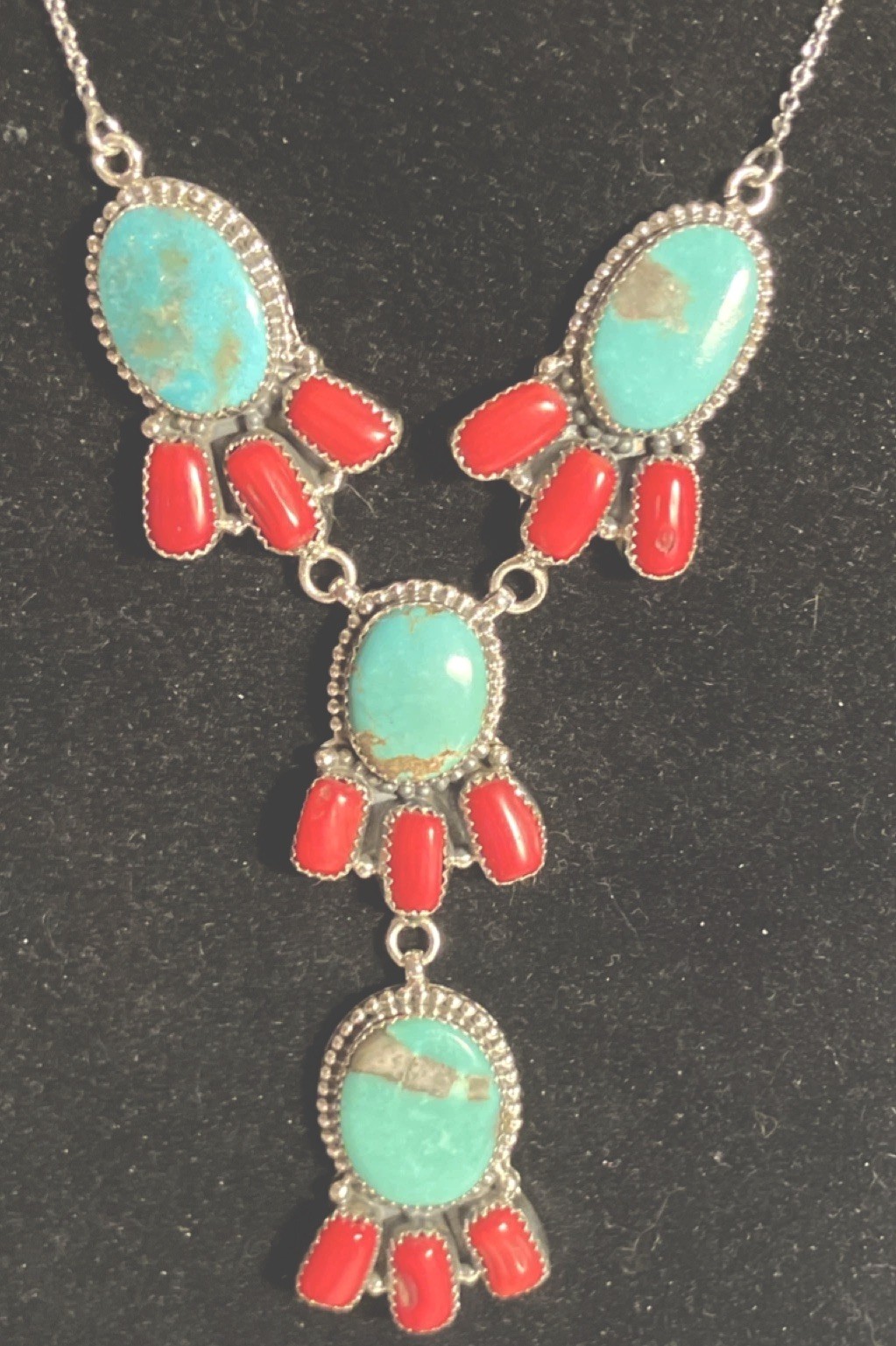 Natural Turquoise & Mediterranean Coral Bezel Set Lariat 18” Necklace 39gm Red