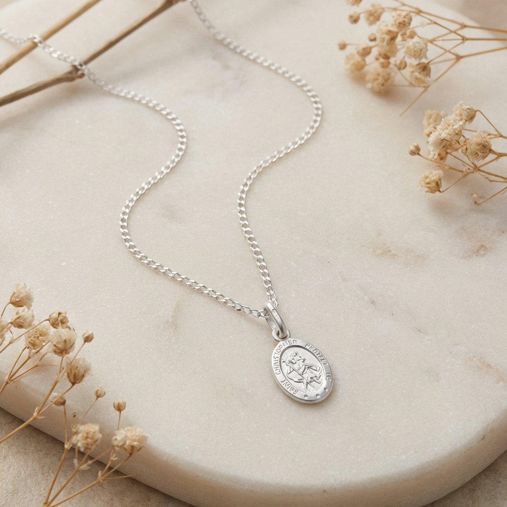 Small oval silver St Saint Christopher pendant necklace with 16″ chain and box