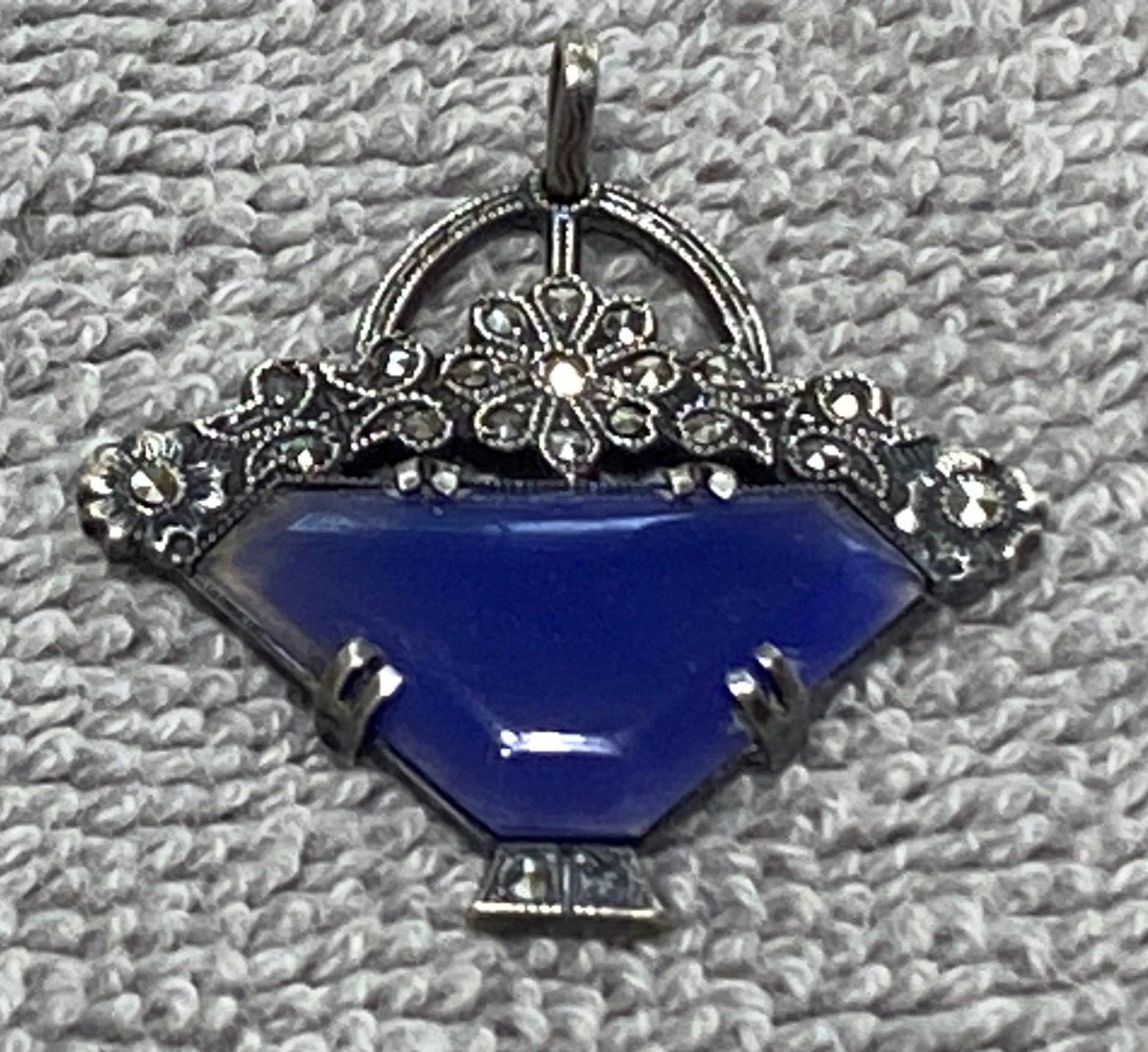 Sterling Silver~Marcasite~Blue Stone~Basket of Flowers~Drop Pendant~1¼ x 1¼”