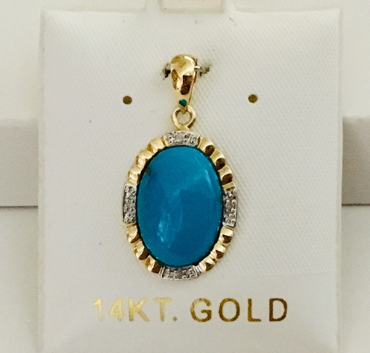 Solid 14K Yellow Gold Natural Turquoise & Diamonds Pendants For Necklace NEW