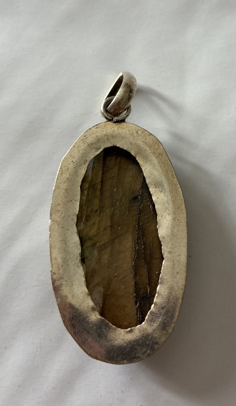 925 Sterling Silver Natural Labradorite Oval Pendant Blue Gold Flash Artisan