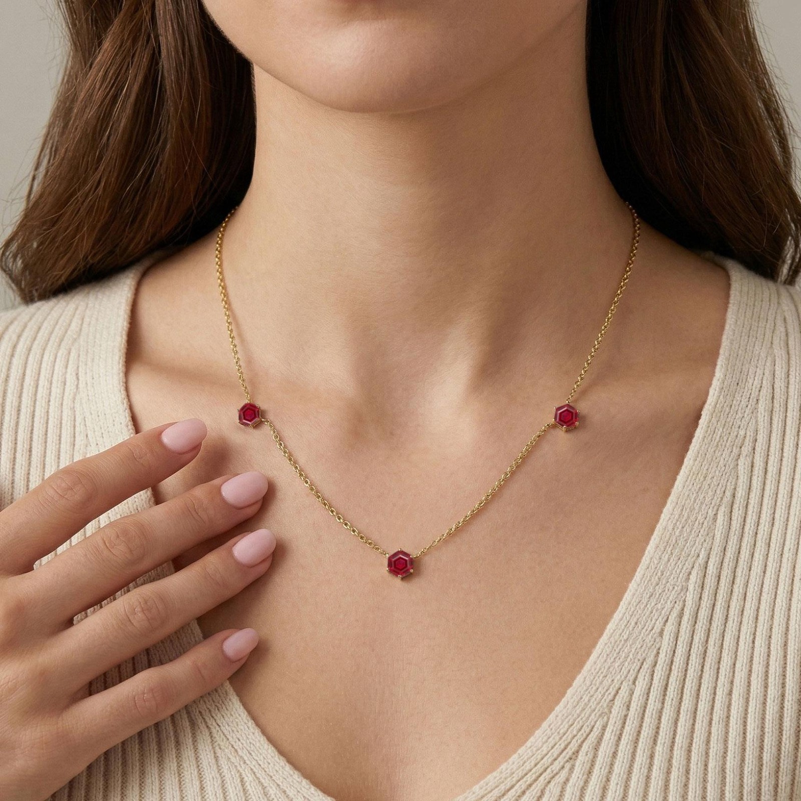 Natural Ruby Station Necklace, Dainty Ruby Necklace Jewelry,Elegant Gift for Her