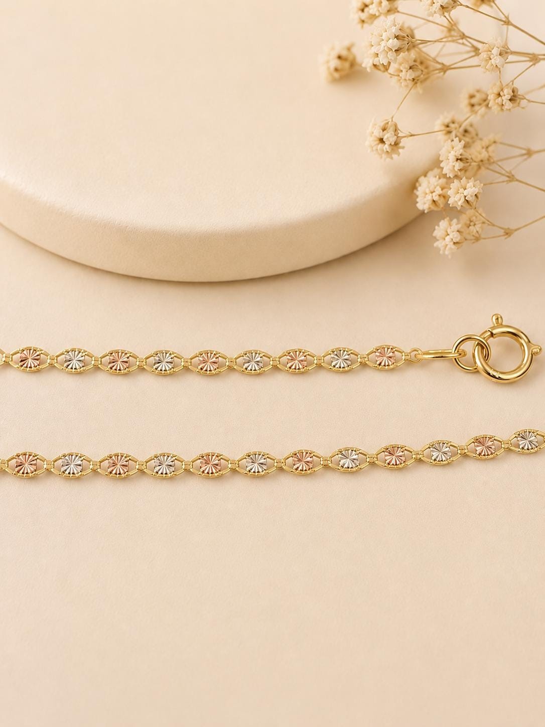 Mariner Chain Necklace 10k Solid Gold Tri-Color Diamond-Cut Valentino Link