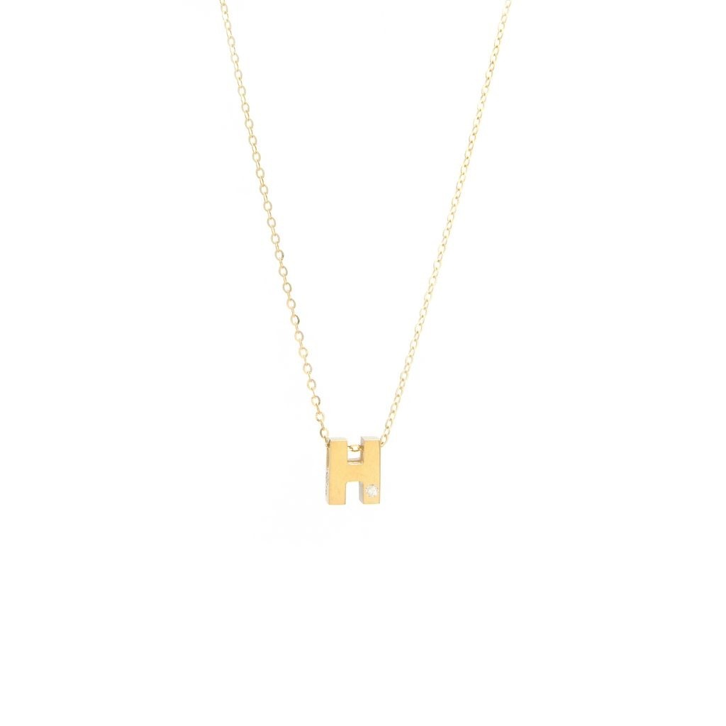 14K Yellow Gold Diamond H Initial Letter Minimalist Necklace 16″-18″
