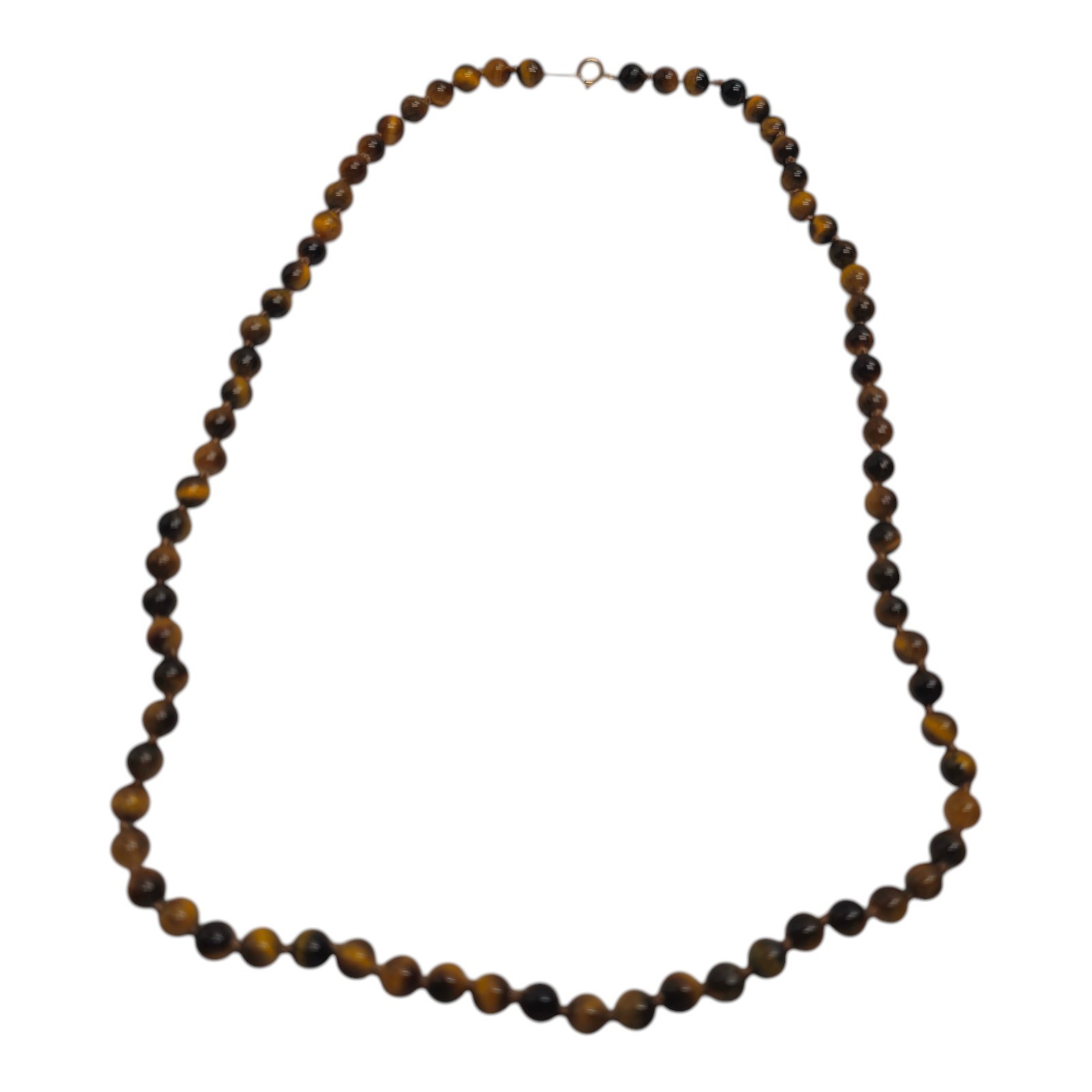 Tiger’s Eye Bead Necklace 17.5in Knotted Strand 10K Gold Clasp MP Signed Classic