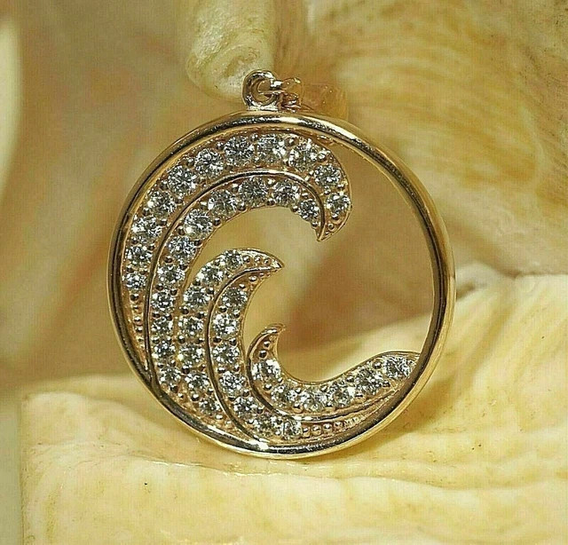 1.00Ct Round Cut Lab Created Diamond Wave Shape Pendant 14k Yellow Gold Plated