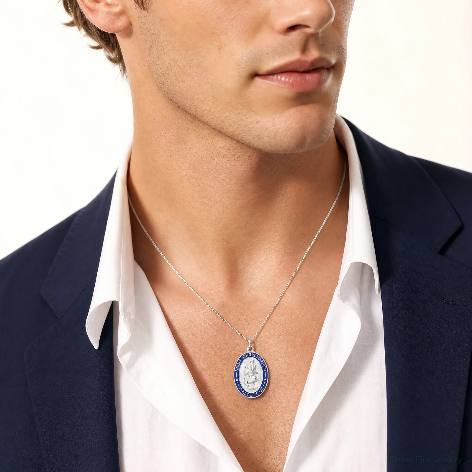 Sterling Silver Platinum-Plated Enameled St. Christopher Medal