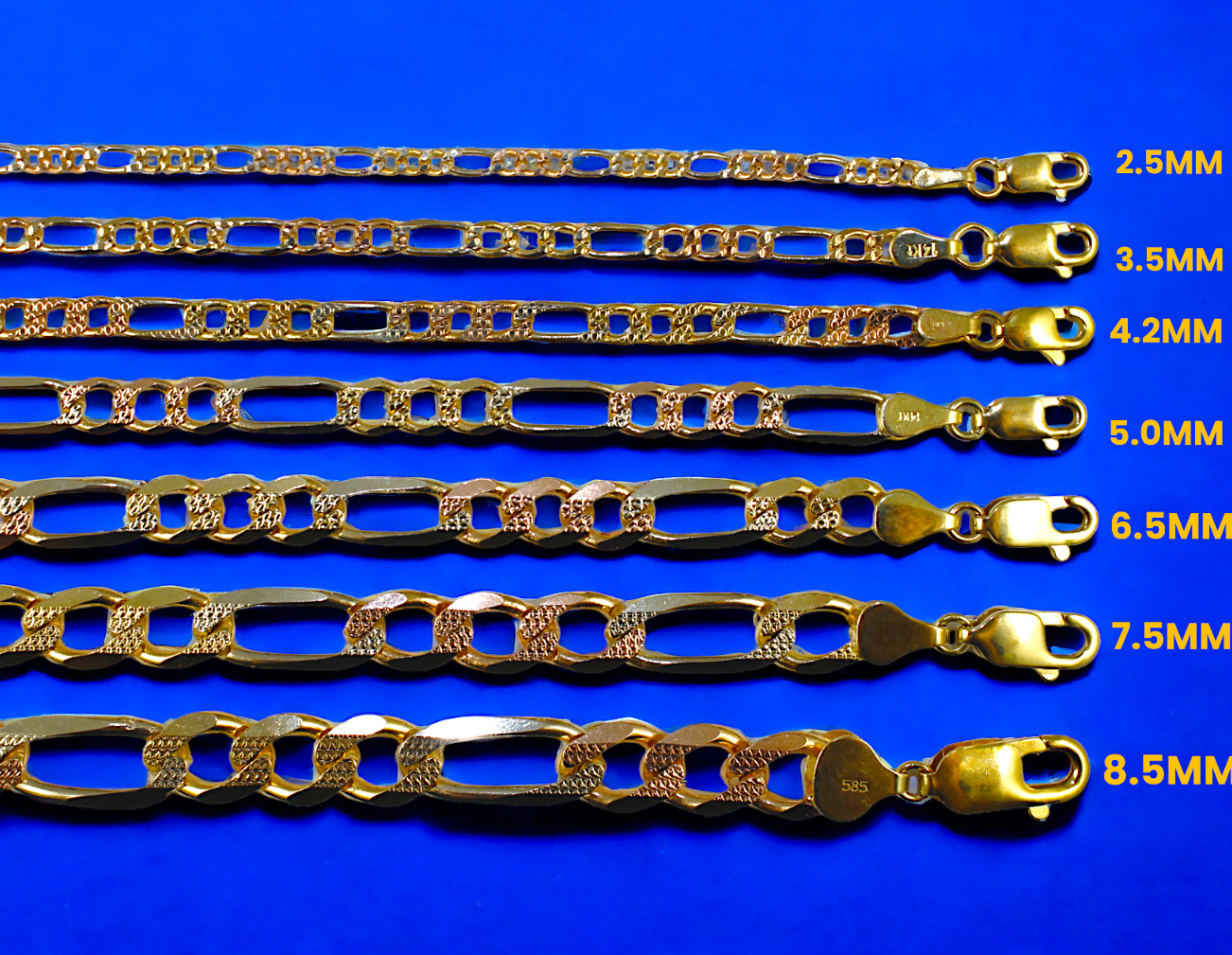 14K Tri Color Gold SOLID Figaro Necklace Bracelet Chain D/C 2mm-8.5mm 7″-30″