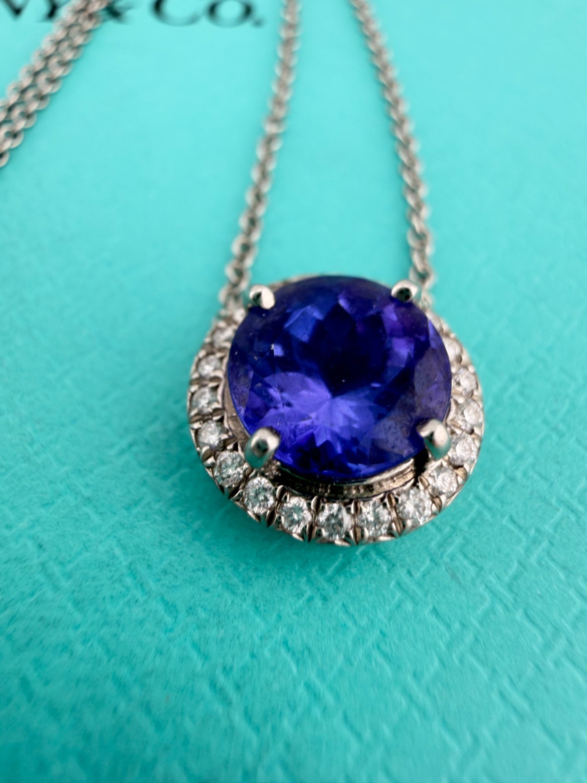 Tiffany & Co. Tanzanite Diamond Halo Solstice Necklace Platinum 16.25in