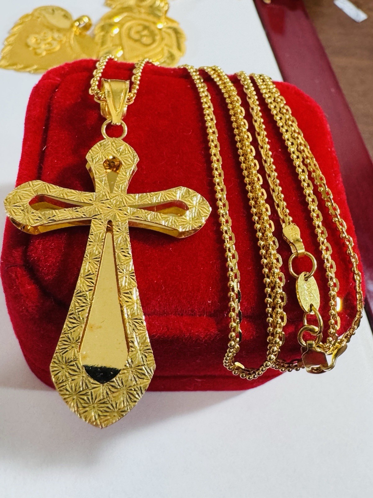 Saudi Dubai 22K Solid 916 Real Gold Cross Set Necklace 20” Long 9.55g 2.2mm