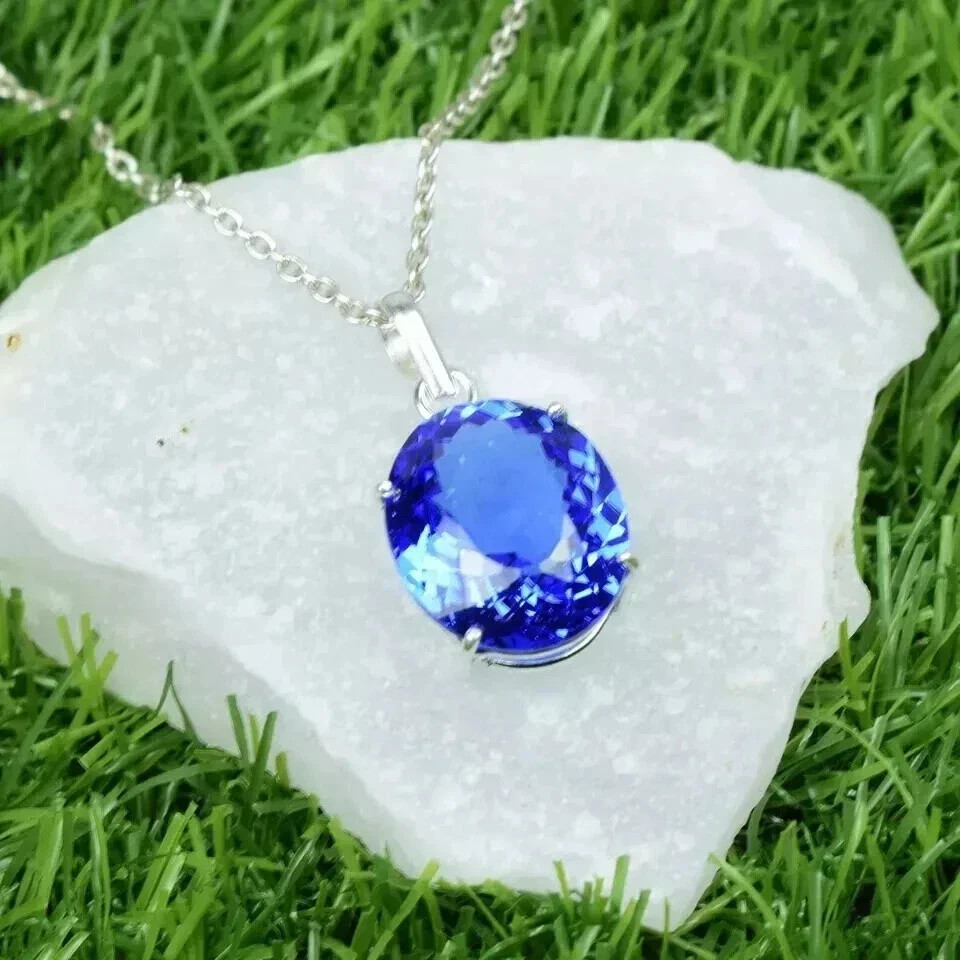 Natural Blue Tanzanite 30 Ct+ With Chain Oval Cut Gemstone 925 Silver Pendant
