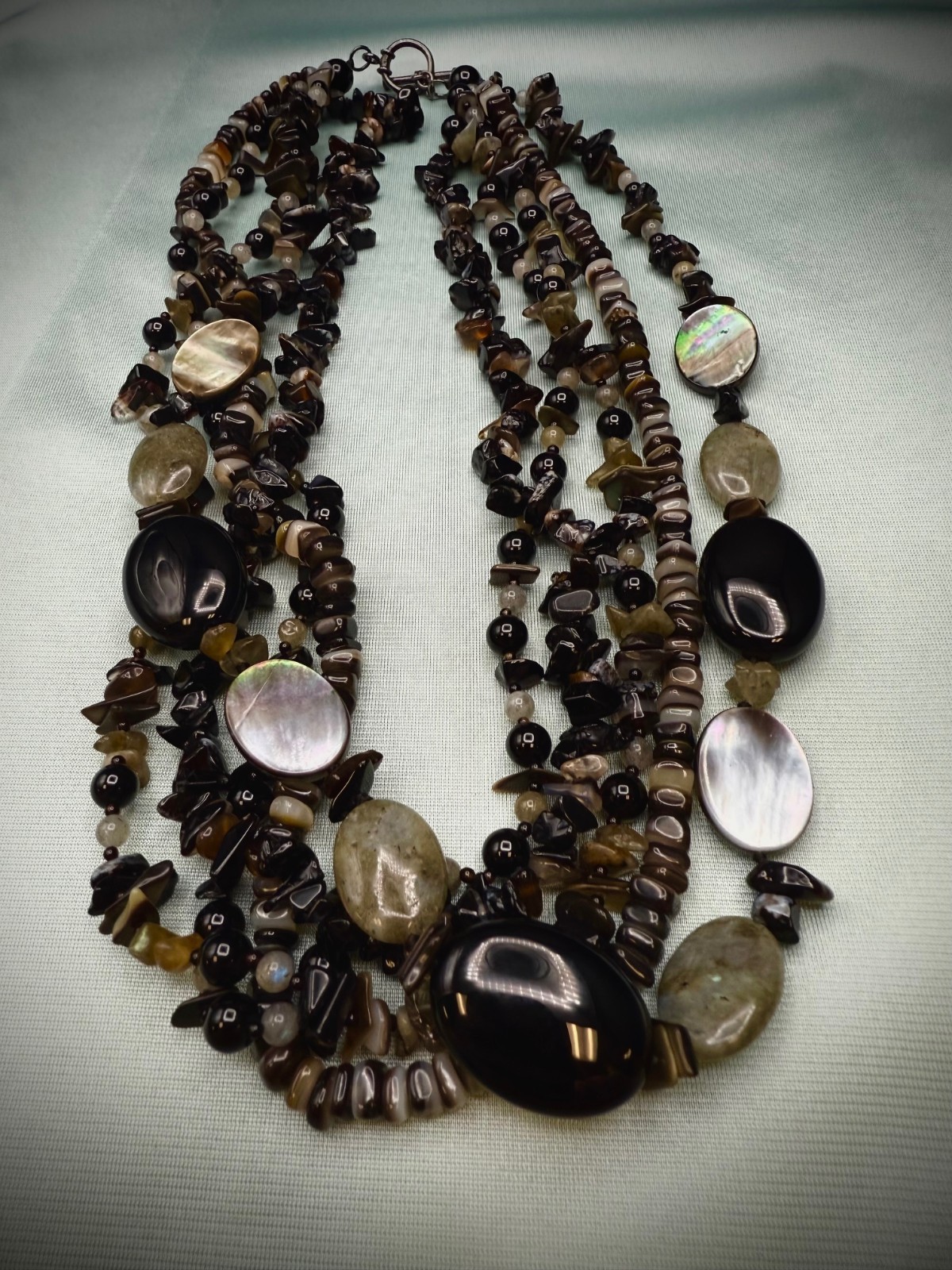 Lucas Lameth Moonstone, Shell, & Onyx Beaded Necklace 925
