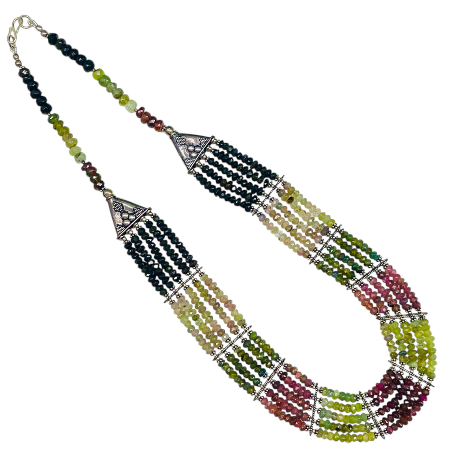 5 Strand Natural Multi Tourmaline Necklace 4-5mm Facetted Beads 925 Silver Clasp