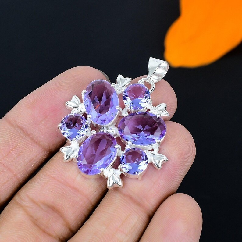 Alexandrite Floral Gemstone Pendant 925 Sterling Silver Handmade Jewelry