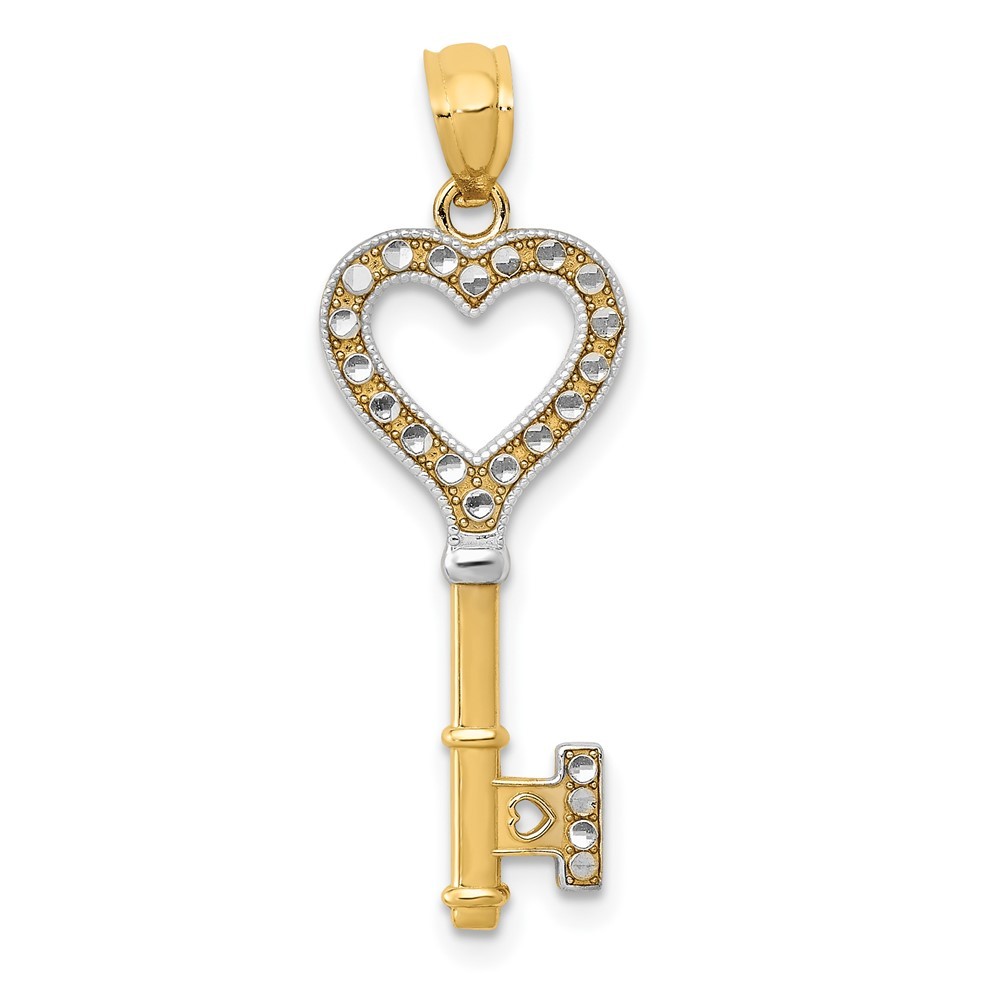 14K Two-tone Gold Polished Heart Key Charm Pendant Gift for Mother