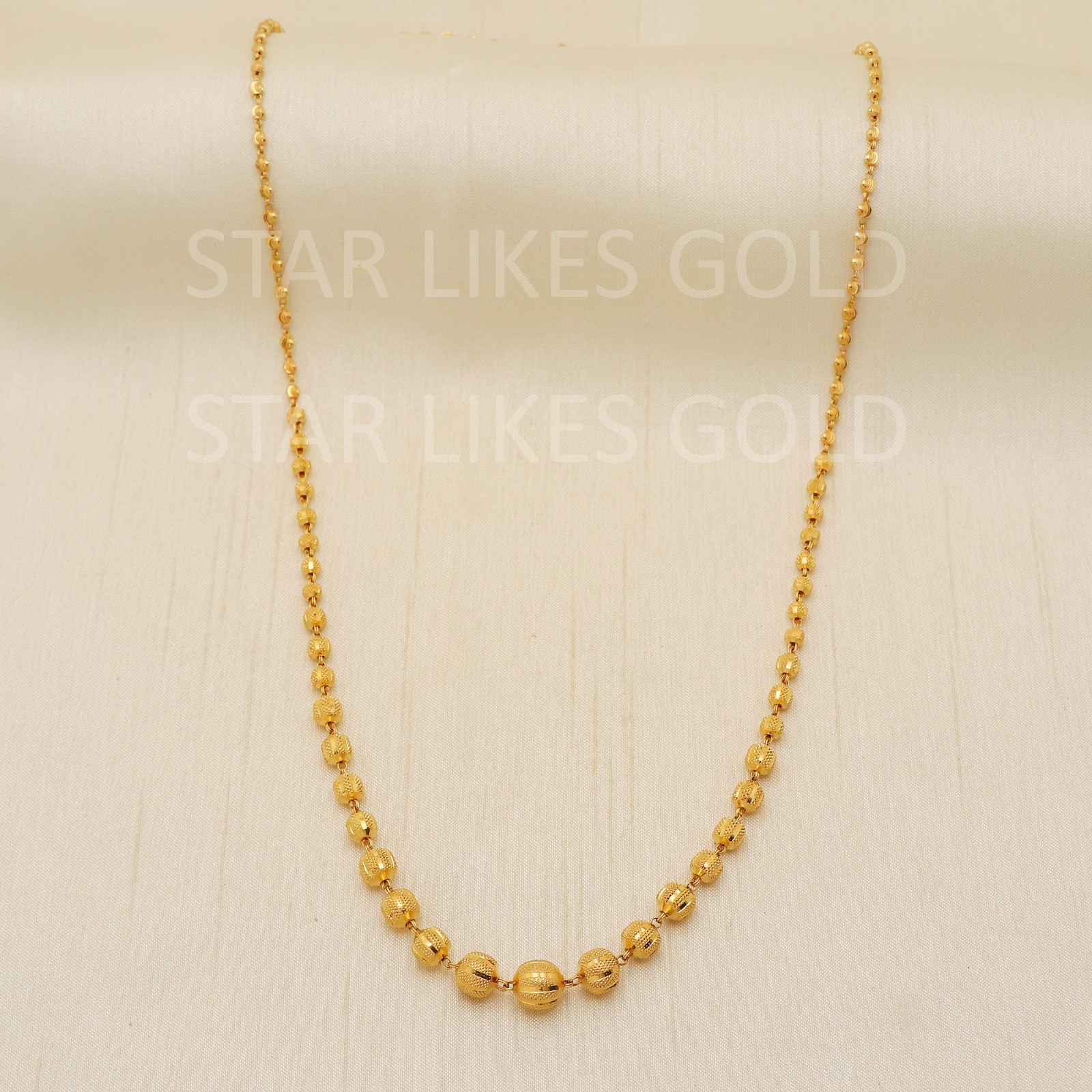 22K Yellow Gold Graduated Ball Chain 23.5″ 23.69g 8mm-2mm Textured Mala Necklace