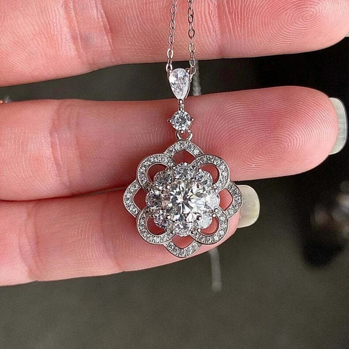 2.10 Ct Lab Created Diamond Diamond Flower Pendant 14K White Gold Finish