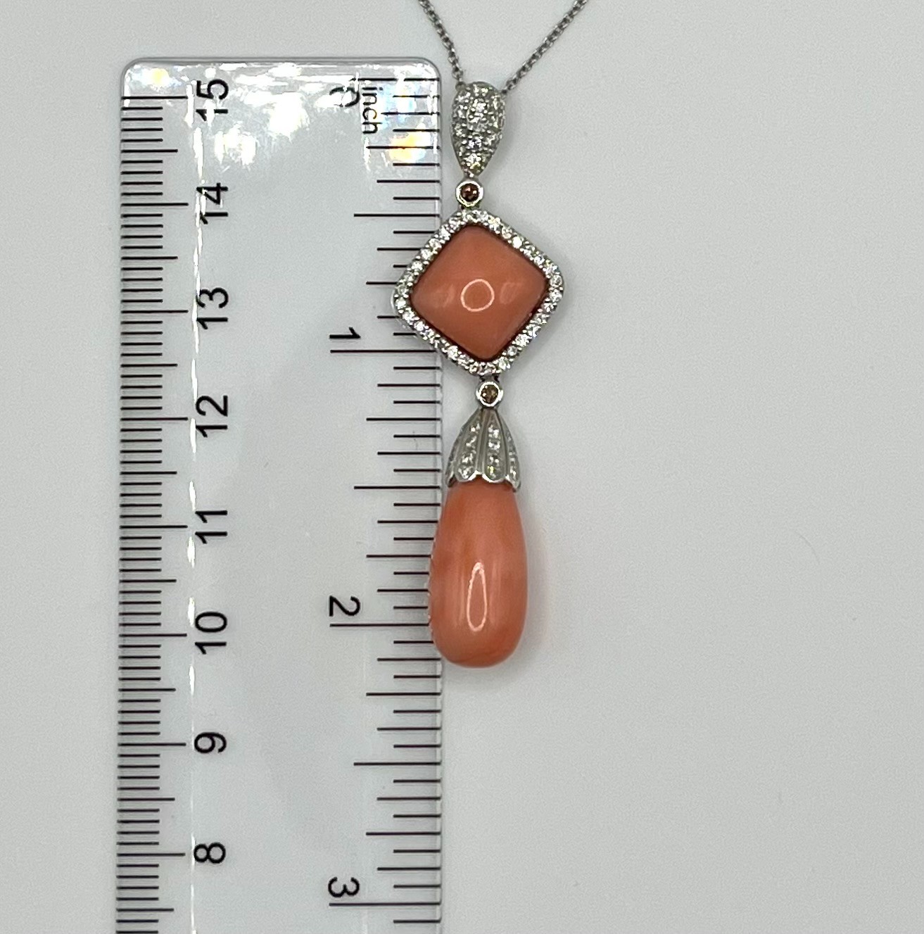 Pink Coral 18K White Gold Pendant and Necklace with Diamonds, 15″ Length