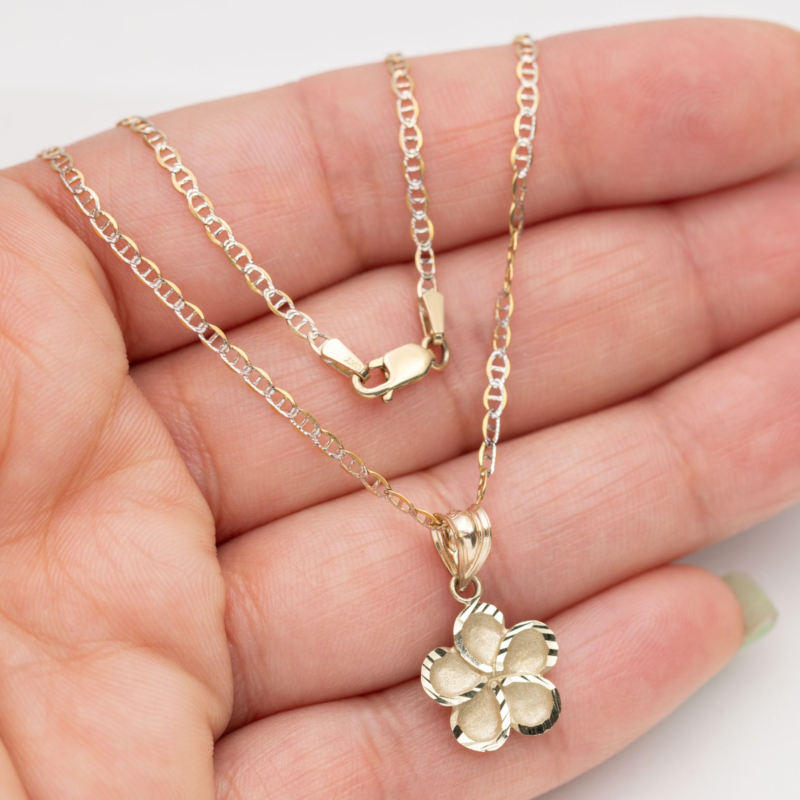 Pendant Necklace 10K SOLID GOLD Diamond-Cut Flower Yellow White Gold All Sizes