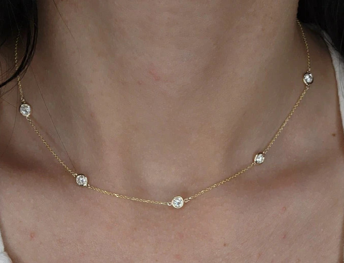 Round Cut Natural Diamond GDGL Certified Women’s Station Necklace 14K Gold