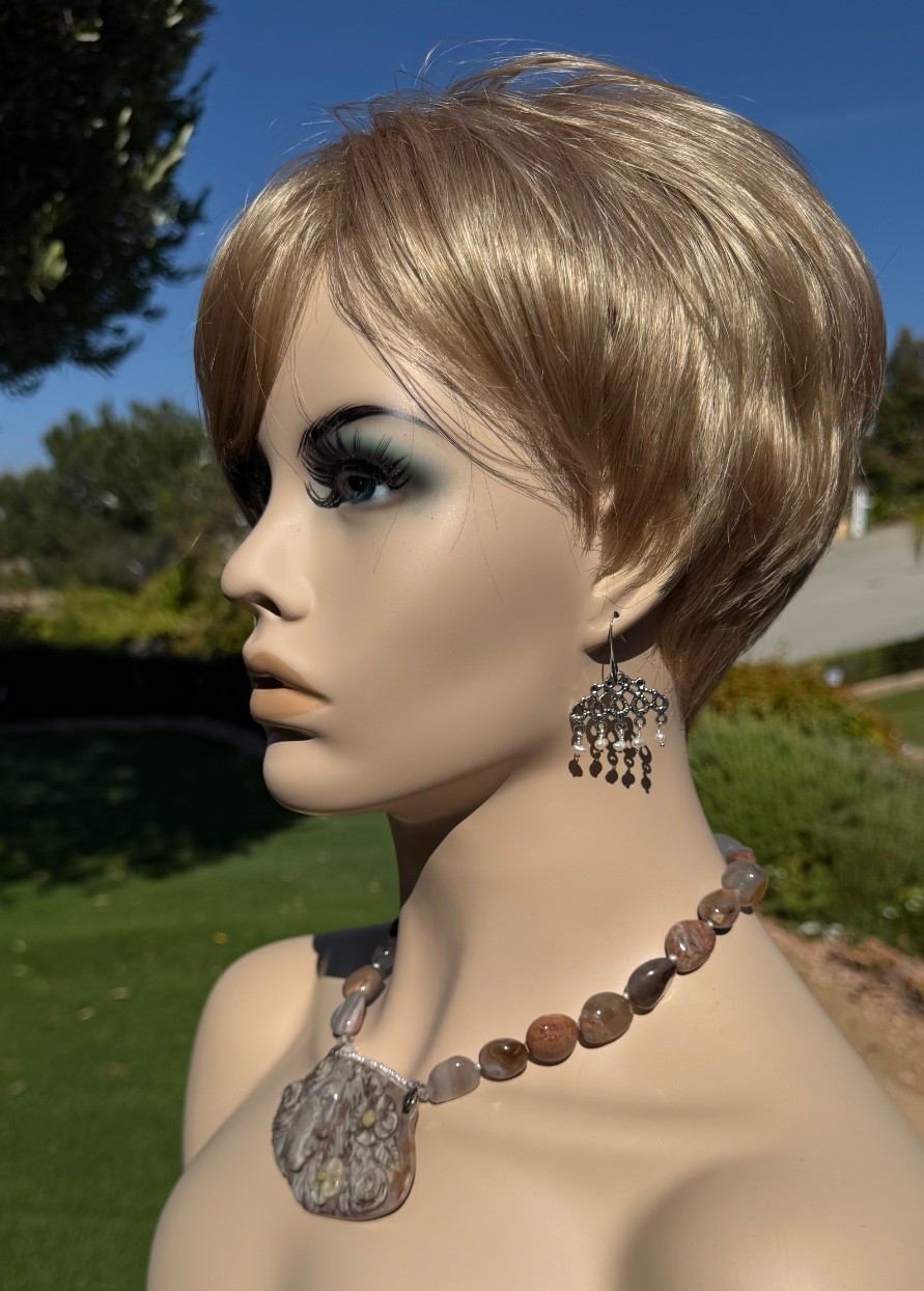 HAND CARVED EARTH MOTHER POLYCHROME JASPER PENDANT NECKLACE AND EARRING SET