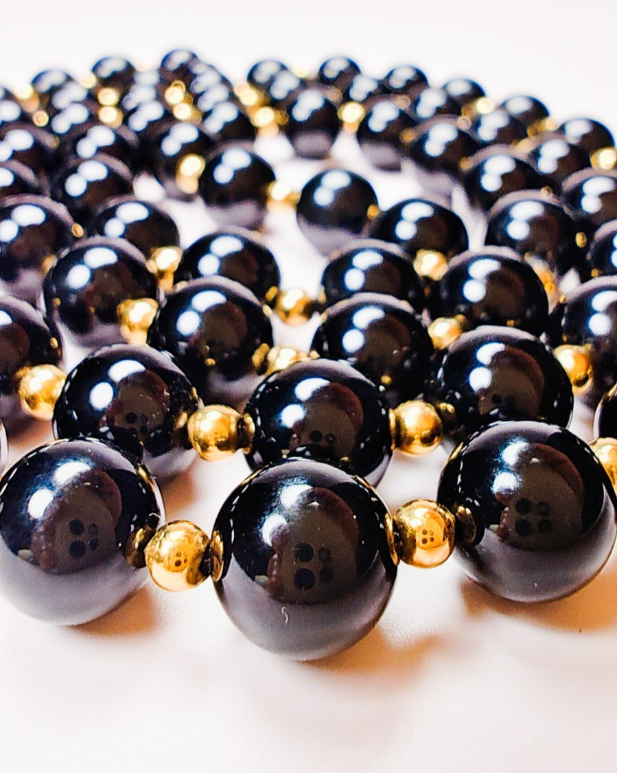 14K Yellow Gold Black Onyx Beaded Ball Necklace 29″ Long Estate 52.23g Vintage