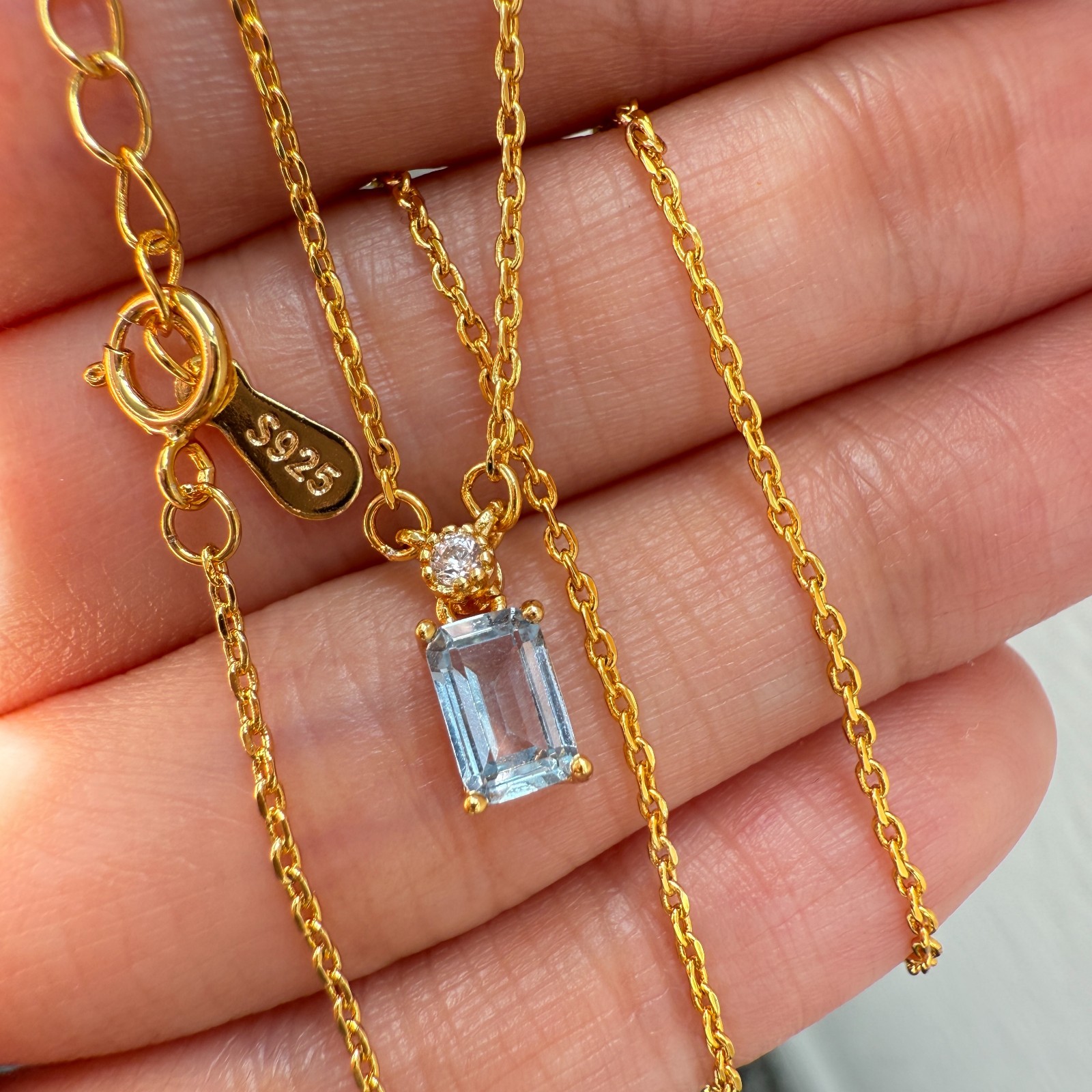925 Sterling Silver Necklace 6x4mm Natural Blue Aquamarine 14K Gold Plated Chain