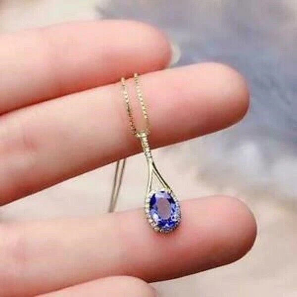 2Ct Oval Cut Blue Tanzanite Pendant Solid 14K Yellow Gold Finish Free Chain