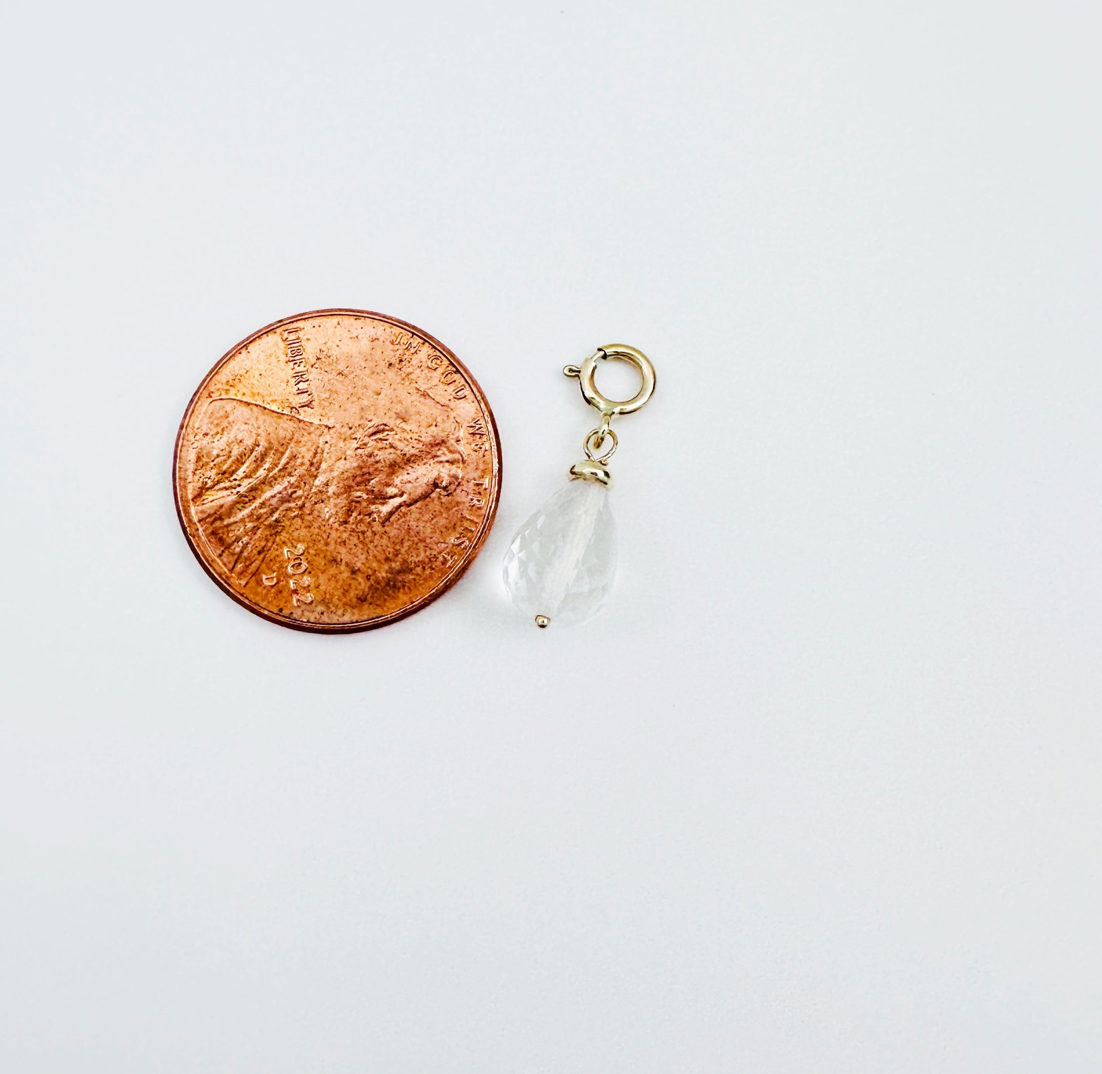 14K Solid Yellow Gold Small Clear Quartz Briolette Charm Pendant w/Spring Clasp