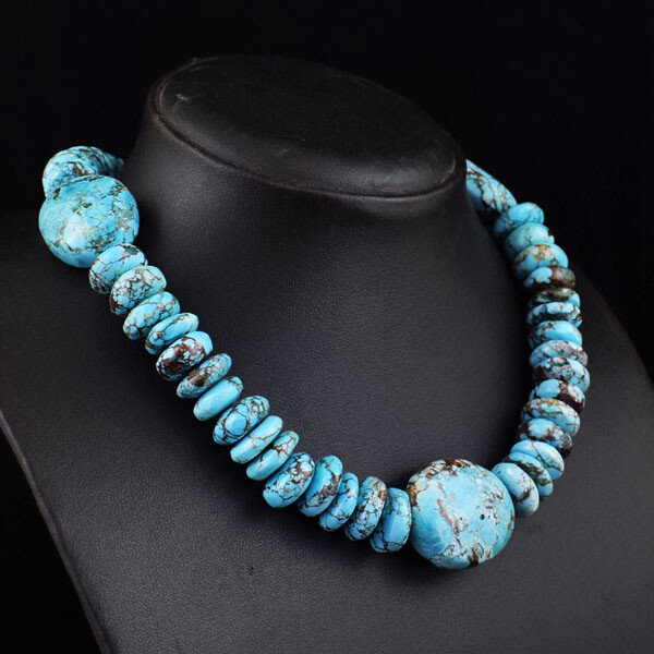 Authentic 849 Cts Earth Mined Blue Turquoise Beads Womens Necklace JK 03E375