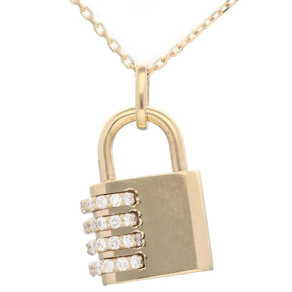 14K Yellow Gold Diamond Lock Pendant .72ct SI1 G/H 17in Cable Necklace
